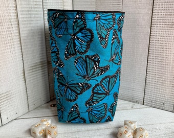 Blue Butterfly Dice Bag, Reversible Pouch, Whimsical, Gamer Gift, RPG, Token Holder