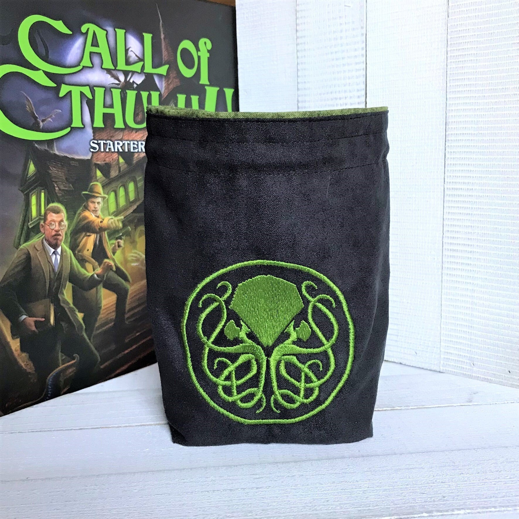Octopus Monster Dice Bag, Green and Black, Embroidered, Handmade Pouch