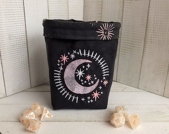 Embroidered Moon and Stars Dice Bag: Reversible Gamer Pouch