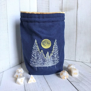 Blue Moonlit Forest Dice Bag, Embroidered, Reversible Pouch, Bag of Holding, PPG, D20, DND, Gift