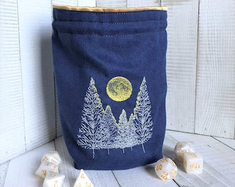 Embroidered Dice Bag: Blue Moonlit Forest, Reversible Pouch
