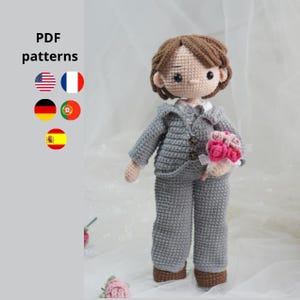 Patrón de ganchillo para muñeco de novio, PDF multilingüe