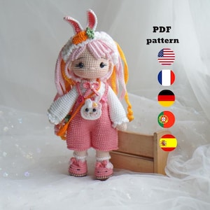Crochet MOCHI Doll Pattern, Bunny Outfit Amigurumi PDF (English, French, Spanish, Portuguese, German)