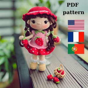 PDF English, French, Portuguese, pattern, STRAWBERRY doll, Crochet doll (full set: body, outfit, mini Strawberry basket)
