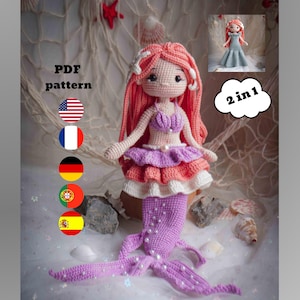 May include: A handmade crochet mermaid doll with long pink hair, a seashell top, and a layered skirt in shades of pink and white. The mermaid has a purple tail with pearl accents. The image includes the text "PDF pattern" and "2 in 1".