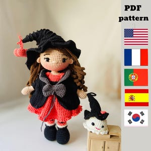LUMI crochet doll pattern, PDF English, French, Spanish, Portuguese, Korean Tutorial, The little witch, (Halloween Gost Pattern Included)