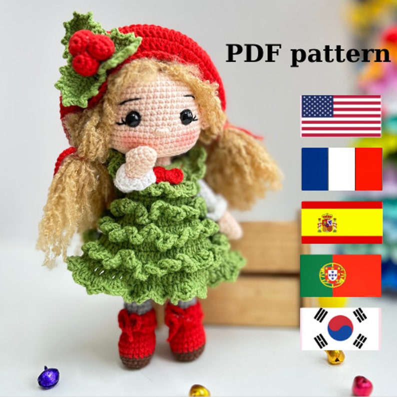 Crochet PDF English,Français, Español, Portuguese, Korean pattern, MERRY doll, Christmas tree doll, Crochet doll pattern image 1