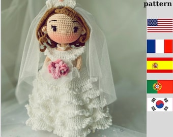 Poupée FARRAH, poupée mariée, PDF anglais, France, Espagne, Portugal, Corée, modèle, modèle de poupée au crochet