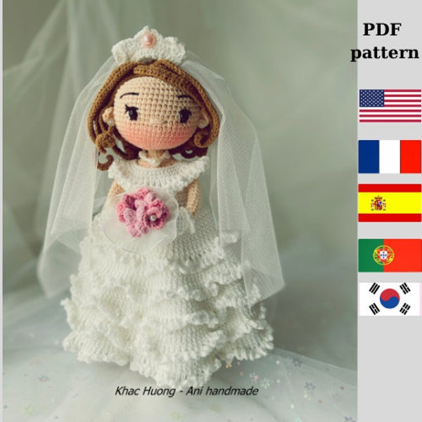 Muñeca FARRAH, Muñeca novia, PDF Inglés, Francia, España, Portugal, Corea, patrón, Patrón muñeca crochet