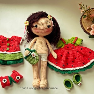 PDF Häkelanleitung in Englisch, MIAN - Wassermelonenpuppe, Amigurumi-Puppenanleitung, Mädchen mit zwei Kleidern