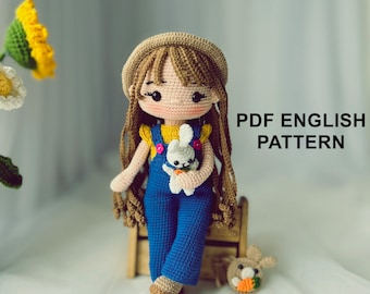 Modello inglese PDF, bambola EMMI, bambola all'uncinetto (set completo: corpo, vestito), modello di bambola Cochet