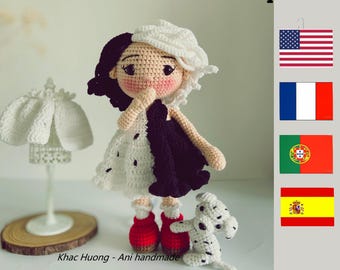 ペットをモチーフにした白黒かぎ針編み人形のパターン、PDF（英語、フランス語、スペイン語、ポルトガル語）