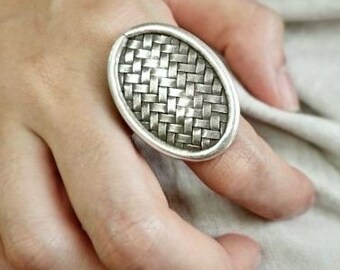 Ovale zilveren ring, Karen Hill Tribe-zilver, Thais zilver geweven band, tribale ring, sieraden voor haar, Hill Tribe-sieraden, rustieke zilveren ring