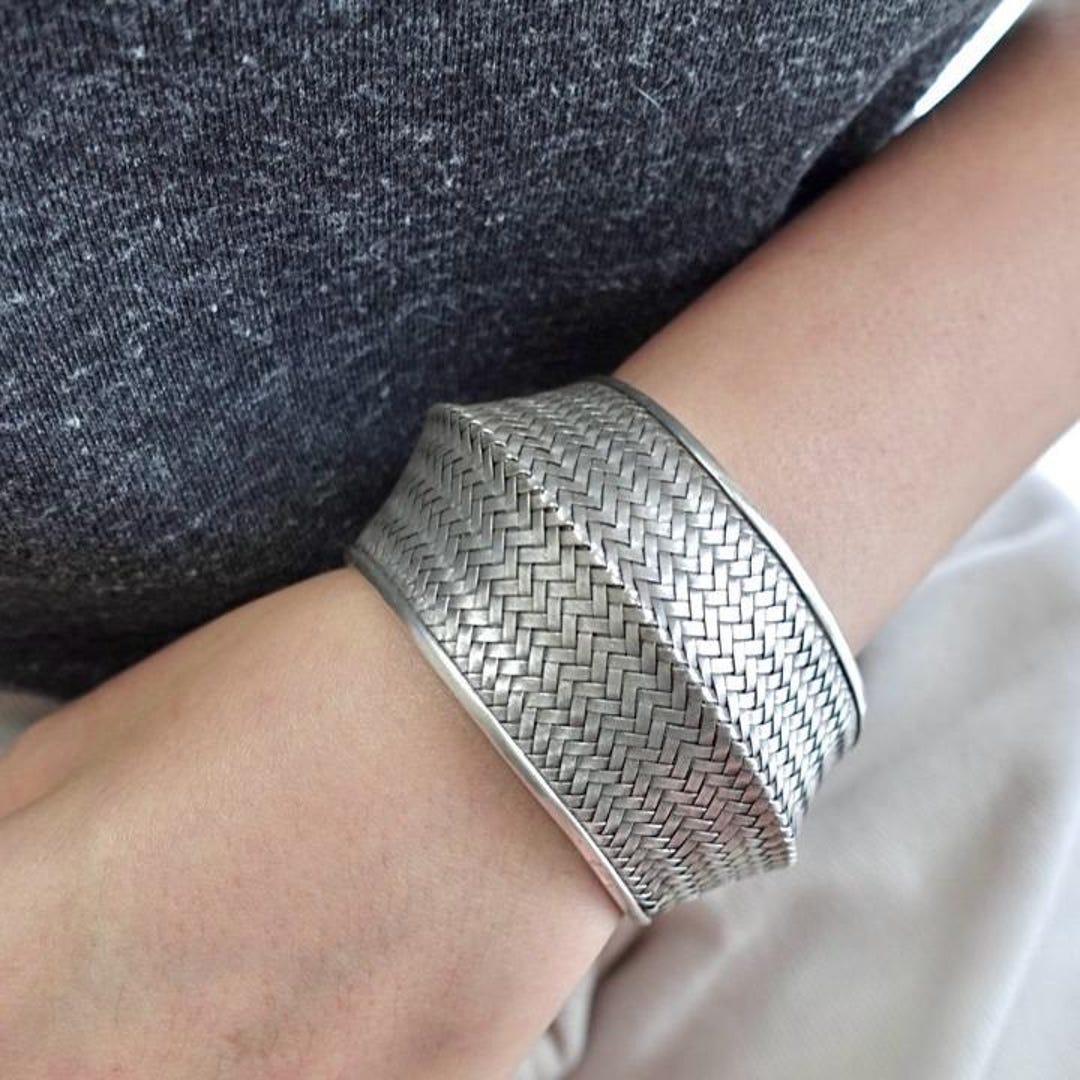 Bold Thai Karen Hill Tribe Silver Cuff Bracelet, Hand-woven