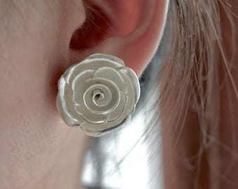Elegant Rose Silver Studs - Authentic Thai Hill Tribe Flower Earrings - Unique Artisan Thai Silver, Karen Tribe Made In Thailand