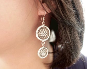 Doppelscheiben gewebte Thai Silber Ohrringe - Handgemachte Karen Hill Tribe Baumeln Ohrringe - 95 - 99% Reines Silber Artisan Schmuck Boho Geschenk Silber