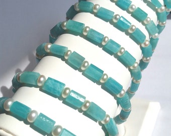 Lucia Genuine AMAZONITE Gemstone Bracelets with Button Pearls
