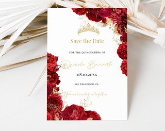 Red and gold quinceanera Save the Date, floral quince anos, birthday Save the Date, printable Save the Date, instant download, Q04