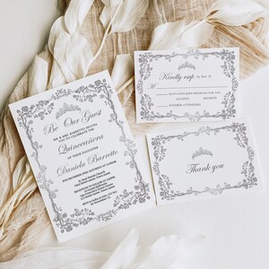 Silber weißes Quinceanera-Einladungs-Set, Einladungsset zum 15. Geburtstag, silberne und weiße Geburtstagseinladung, Antwortkarten, Q49
