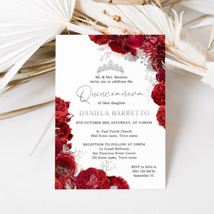 Red and silver quinceanera invitation, floral quince anos, 15th birthday invitation, birthday invitation for women, silver crown, Q54