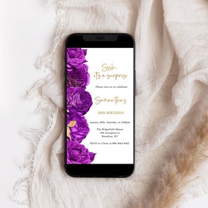 Purple and gold floral text message invitation, birthday party evite, purple flowers mobile invite, gold glitter, electronic invite, FL09