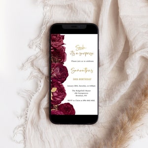 Burgundy and gold floral text message invitation, surprise birthday party evite, burgundy flowers mobile invite, electronic invite, FL03