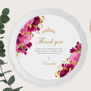 Hot pink charger plate insert, floral quince anos charger plate, quinceanera charger plate, magenta flowers, fuchsia editable template, Q23