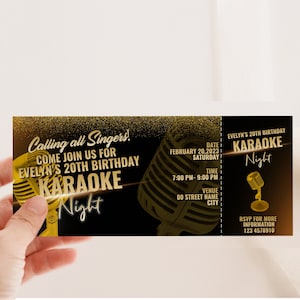 Karaoke Night Geburtstagseinladung, Karaoke Geburtstagskarte-Einladung, Schwarz und Gold-Konzerteinladung, Musikalische Einladung, Singende Einladung
