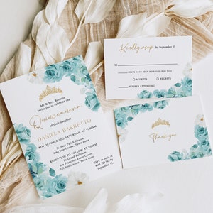 Blumen Quinceanera Einladungsset, Blumen Quinceanera, Einladung zum 15. Geburtstag, Türkisfarbene Einladung für Frauen, Rsvp Card, Q21