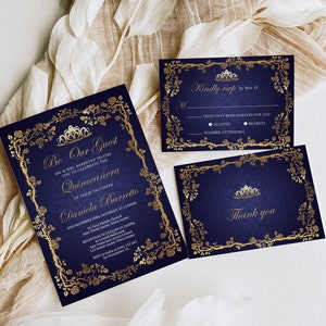 Marineblau und Gold Quinceanera Einladungsset, Blumen Quitte Anos, Einladung zum 15. Geburtstag, Lila Geburtstagseinladung, Antwortkarte, Q32