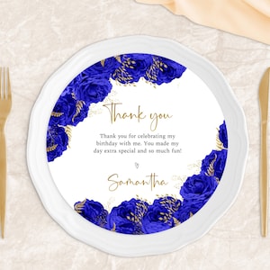 Royal blue and gold charger plate insert, birthday floral charger plate, quinceanera charger plate, blue roses, editable template, FL26