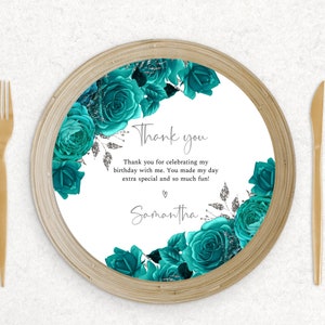 Teal and silver charger plate insert, birthday floral charger plate, quinceanera charger plate, teal roses, editable template, FL29