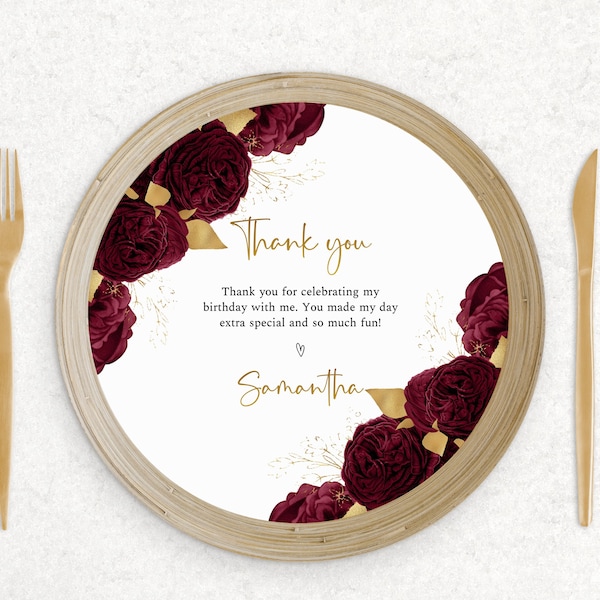 Burgundy and gold charger plate insert, birthday floral charger plate, quinceanera charger plate, burgundy roses, editable template, FL04