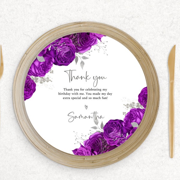 Purple and silver charger plate insert, birthday floral charger plate, quinceanera charger plate, blue roses, editable template, FL30