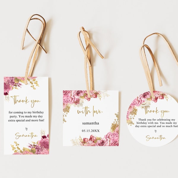 Blush Pink and Gold Floral Gift Tag, light pink wedding favor tags, bridal shower thank you tags, bomboniere, birthday gift tags, FL06