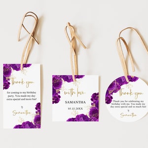 May include: Three purple and gold floral thank you tags with a gold ribbon. The text on the tags reads "Thank you for coming to my birthday party. You made my day extra special and more fun! Samantha", "with love. SAMANTHA 05.15.20XX", and "Thank you for celebrating my birthday with me. You made my day extra special and so much fun! Samantha".