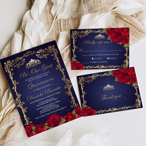 Navy blue, red and gold quinceanera invitation set, floral quince anos, 15th birthday invitation, birthday invitation for women, RSVP, Q27