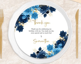 Blue and gold charger plate insert, birthday floral charger plate, quinceanera charger plate, Navy blue and light blue roses, sky blue, FL01