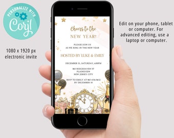 New Years invites, New Years evite, New Year's Eve electronic invitation, Cheers to the New Year, Holiday Party Invitation, Black and Gold