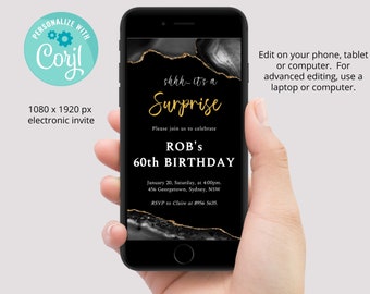 Black and gold text message invitation, birthday party evite, agate mobile invitation, birthday invitation for men, electronic invite