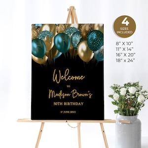 Teal and gold balloons welcome sign, green and gold birthday welcome sign, surprise birthday custom sign, instant download, BL03