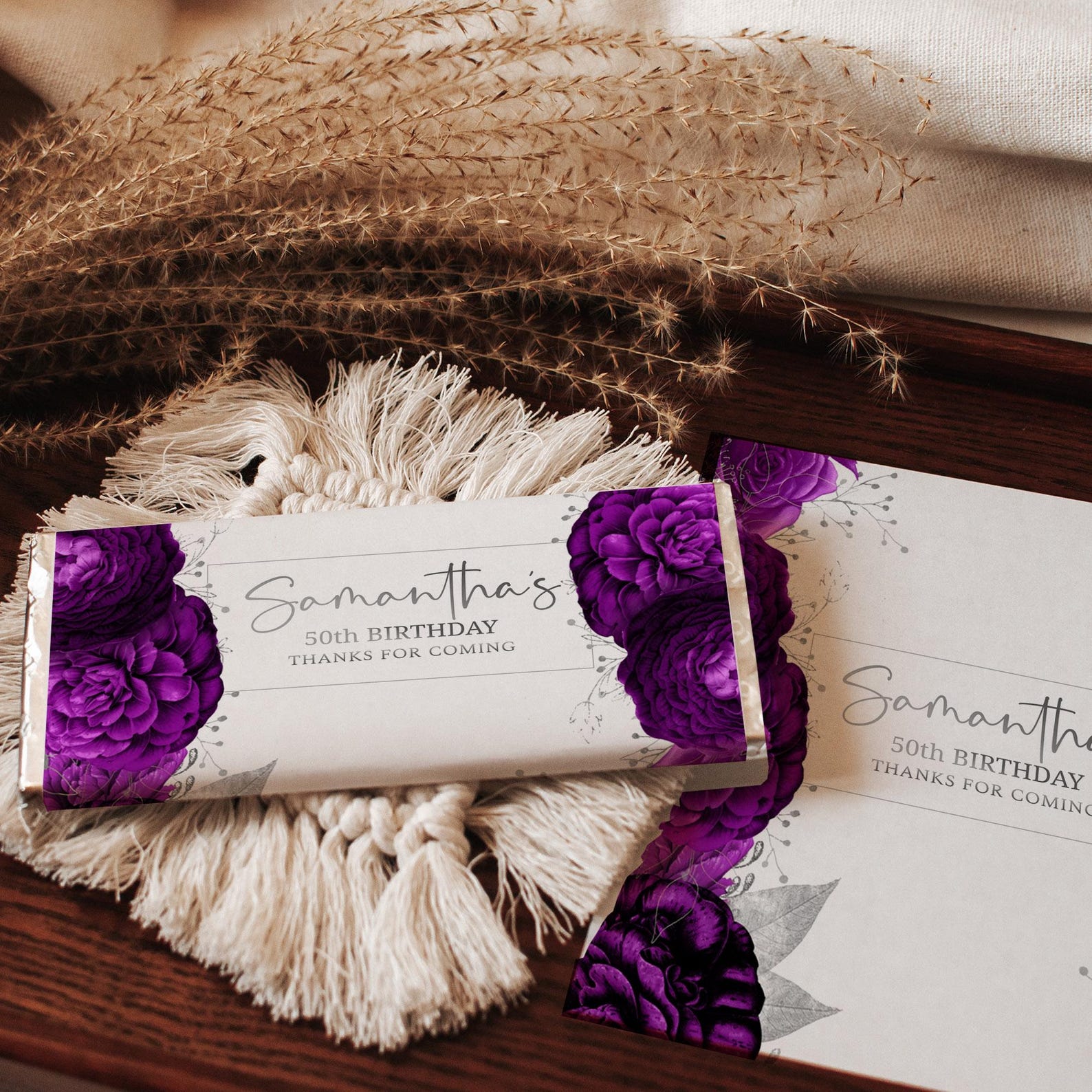 Purple and Silver Floral Chocolate Wrapper Template, Birthday Party ...