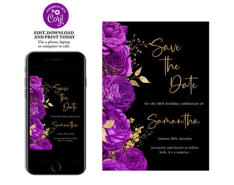 Save the Date Purple and Gold Floral Template, Save the Date for Birthday Celebrations for Women, Surprise Birthday, Purple Invitation, FL09
