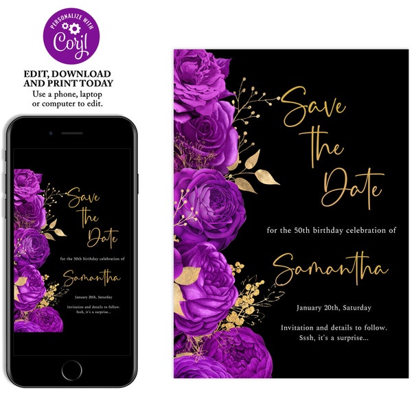 Save the Date Purple and Gold Floral Template, Save the Date for Birthday Celebrations for Women, Surprise Birthday, Purple Invitation, FL09