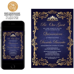 Marineblauwe en gouden quinceanera-uitnodiging, bloemen kweepeer anos, 15e verjaardagsuitnodiging, blauwe verjaardagsuitnodiging, uitnodiging verjaardagsfeestje, Q32