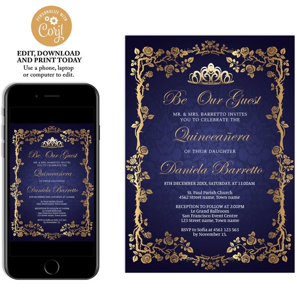 Navy blue and gold quinceanera invitation, floral quince anos, 15th birthday invitation, blue birthday invite, birthday party invite, Q32