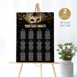 Masquerade Gold and Black Seating Sign, Mardi Gras Seating Chart, Your Seat Awaits, Editable Custom Birthday Sign, Instant Download
