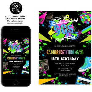 90s birthday invitation, 90s theme invitation, 90s invitation, back to the 90s, 90s birthday party, 90s birthday party invitation, editable