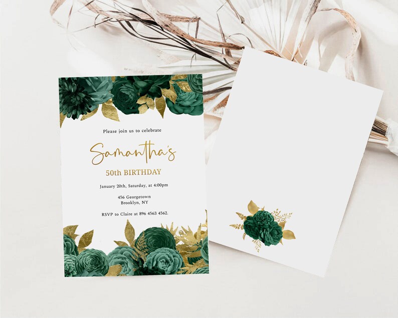 Emerald Green and Gold Birthday Invitation Dark Green Etsy