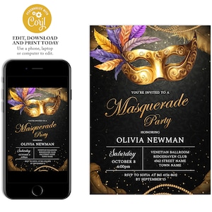 Black and Gold Masquerade Birthday Party Invitation, Masquerade Invitation Sweet 16, Mardi Gras Birthday, Gold and Purple Masquerade Ball